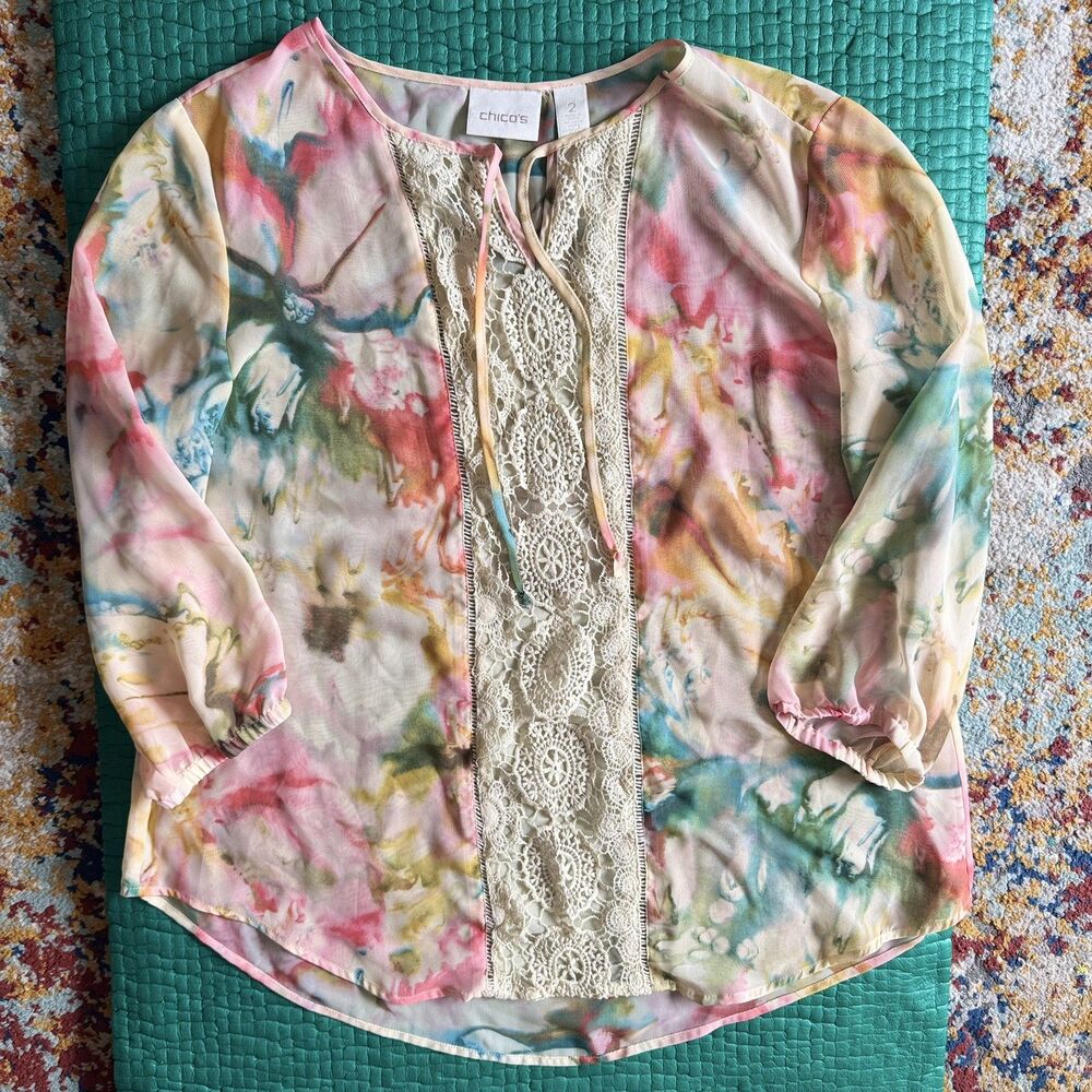 NEW Chicos Colorful Floral Tie Dye Sheer Bell Sleeves Bohemian Top Blouse Sz 2